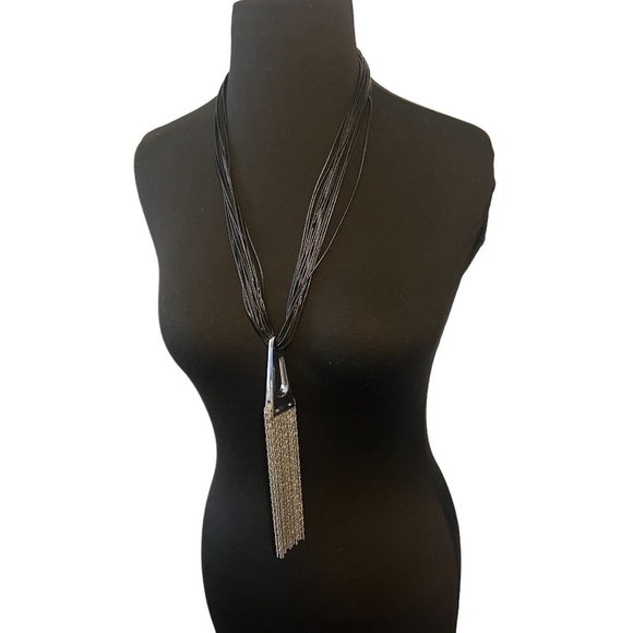Multiple Black Strain Necklace Long Stainless‎ Steel Tassel pendant Chain Silver - Picture 2 of 6